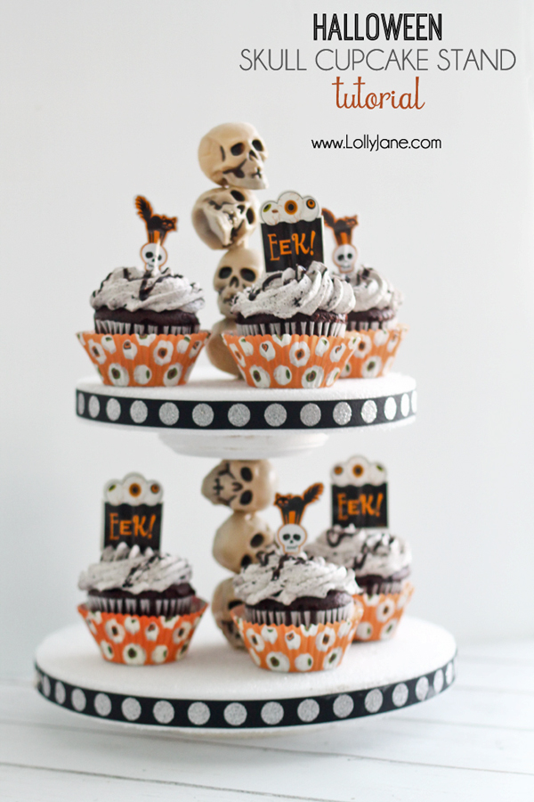 Super cute DIY Halloween skull cupcake stand |lollyjane.com