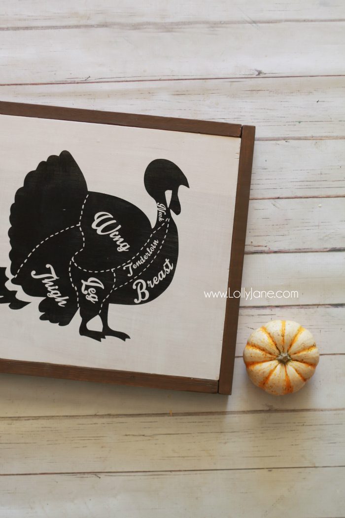 DIY turkey chart diagram sign. Cute kitchen decor! Fun and easy Thanksgiving sign, cute Thanksgiving home decor! Love this turkey decor!