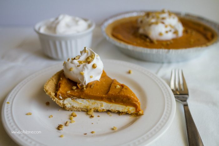 Put this sensational double layer cheesecake pumpkin pie on your fall to eat list, yum! Great Thanksgiving dessert or easy fall recipe!