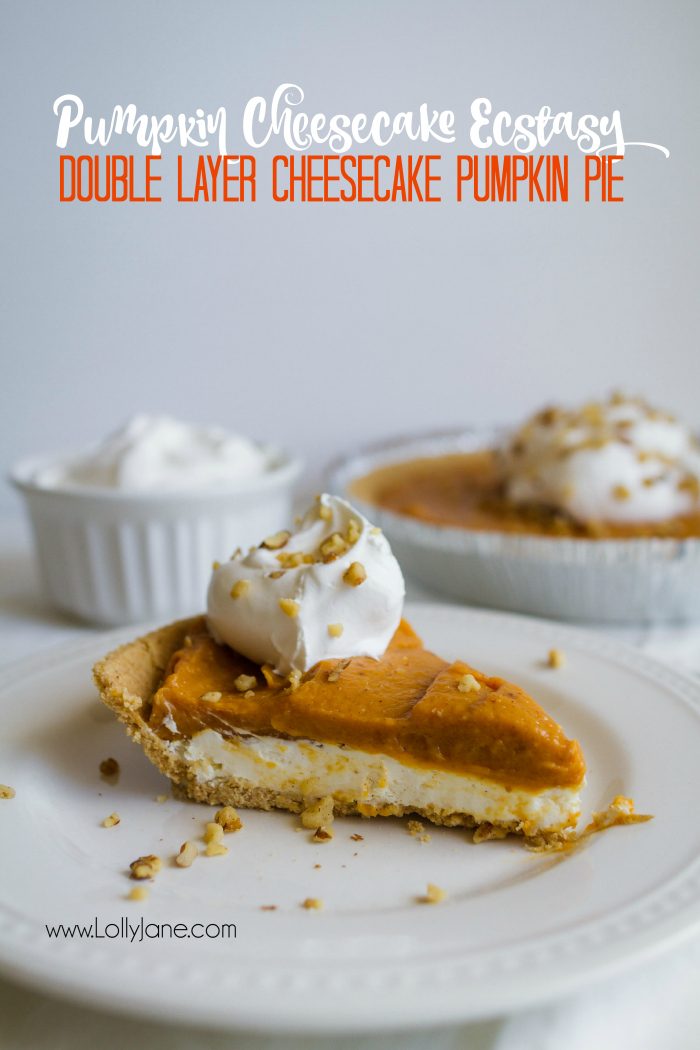 Put this sensational double layer cheesecake pumpkin pie on your fall to eat list, yum! Great Thanksgiving dessert or easy fall recipe!