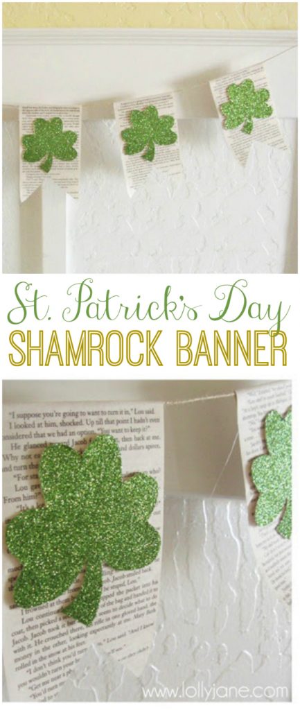 Really easy book page glitter shamrock banner, perfect for St Patrick's Day decor! |via LollyJane.com #stpatricksday #banner