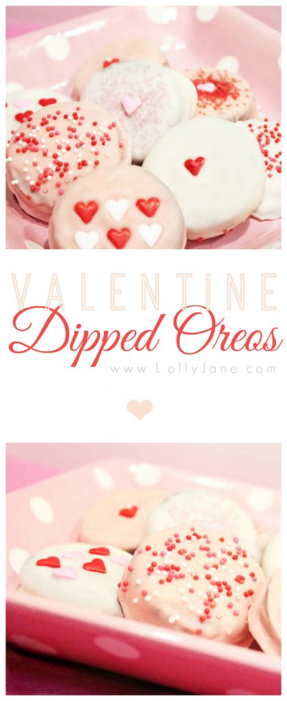 Pretty Valentine dipped Oreo's! So tasty! Great neighbor gift or treat for your love! {lollyjane.com}