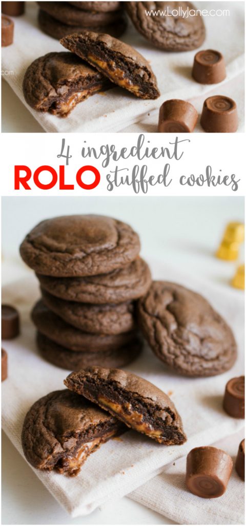 Just 4 ingredients to make these yummy ROLO cookies! We love this caramel treat using a cake mix cookie, easy recipe idea! Love Rolo cookies!