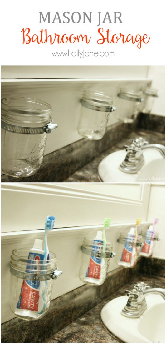 Awesome and easy bathroom storage solution!! How to make this mason jar bathroom storage, so easy! Space saving tip!