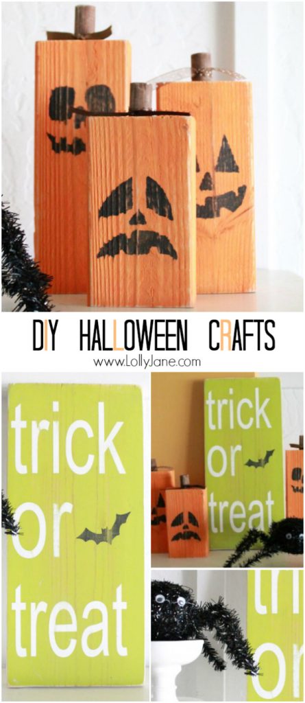 DIY: easy Halloween crafts: 2x4 jack o lanterns + trick or treat sign | lollyjane.com