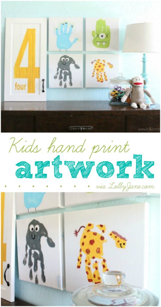 Easy kids hand print artwork, great idea to preserve their cute hand prints for years to come! |via lollyjane.com