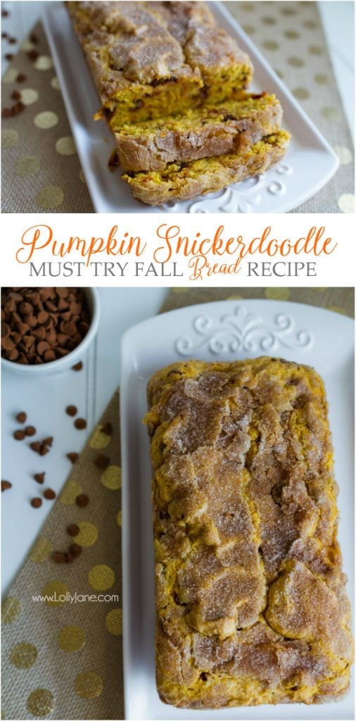 Pumpkin Snickerdoodle Bread Recipe. This is THE recipe to try this fall! The best pumpkin bread recipe with the perfect snickerdoodle crust. YUM! Great fall recipe idea!