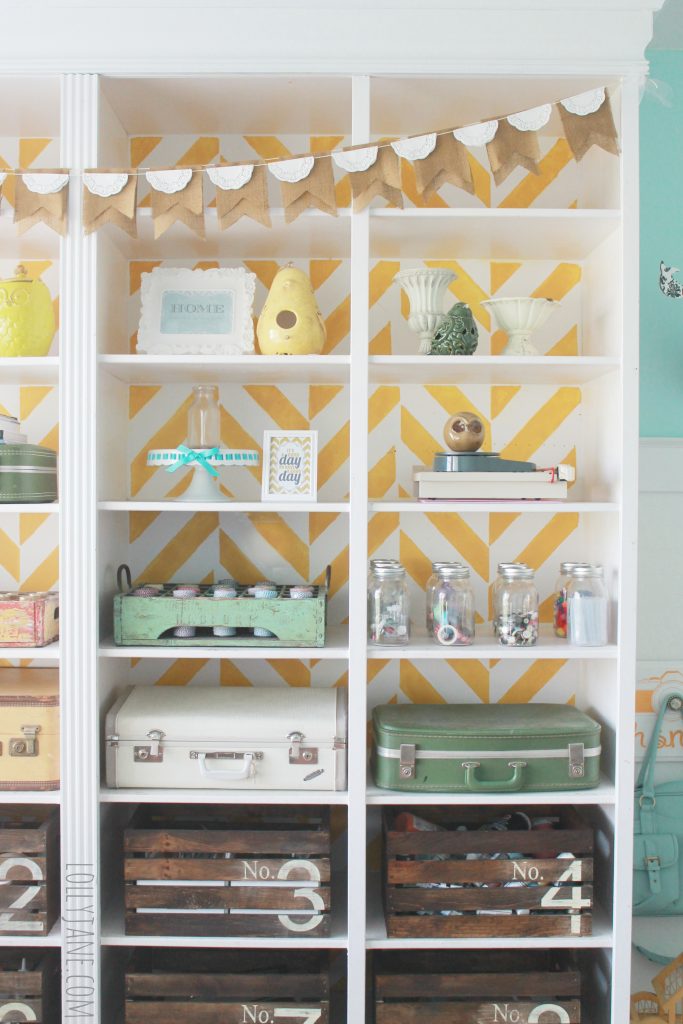 Herringbone stenciled bookcase, fill with vintage goods for storage #organization #craftroo