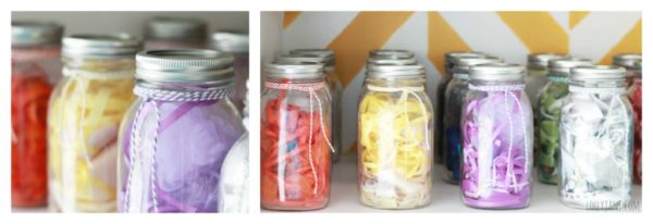 Use mason jars as ribbon storage in a craft room. Tied bakers twine is a fun touch!