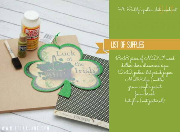 Supply list to make your own St. Paddy's Day polka-dot shamrock wood art by @LollyJane