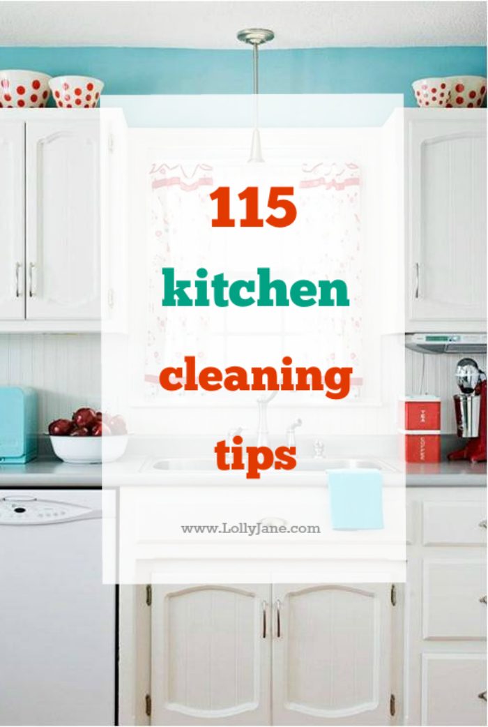 Over 115 kitchen cleaning tips to keep your kitchen organized, germ free and great ideas for using natural products for a clean kitchen.