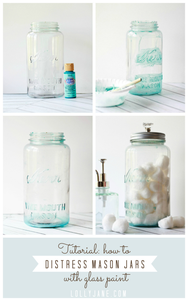 How to distress mason jars with glass paint via lollyjane.com