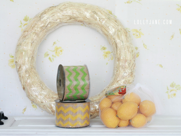 Supplies to make your own cute chevron citrus wreath- full tutorial at lollyjane.com