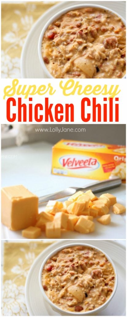 cCheesy Velveeta chicken chili, easy and full of flavor! | lollyjane.com