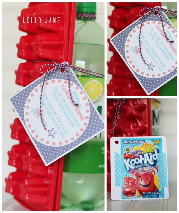 Cute free tag for a fizzy patriotic drink! Tie it to a lemon-lime soda, koolaid packet + star shaped ice cube tray. Perfect for a neighbor gift or fun for the kids!