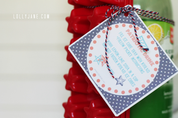 Cute free tag for a fizzy patriotic drink! Tie it to a lemon-lime soda, koolaid packet + star shaped ice cube tray. Perfect for a neighbor gift or fun for the kids!