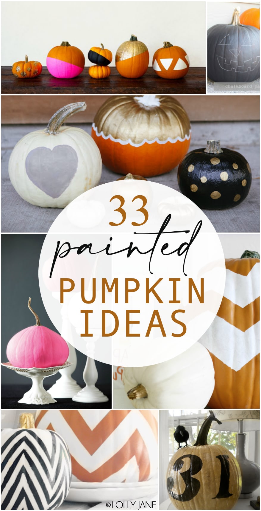 33 Painted Pumpkin Ideas... from shapes to dots and stripes to solids, check out the ultimate collection of painted pumpkins! #fall #pumpkins #diypumpkins #paintedpumpkins #pumpkindiy #falldiy #fallhomedecor