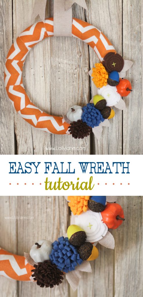 Easy fall wreath tutorial with cute felt flowers + painted acorns and pumpkins! #fall #wreath