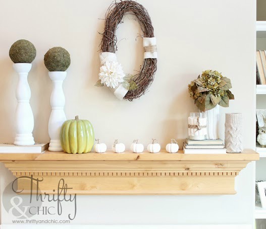 green and white fall mantel