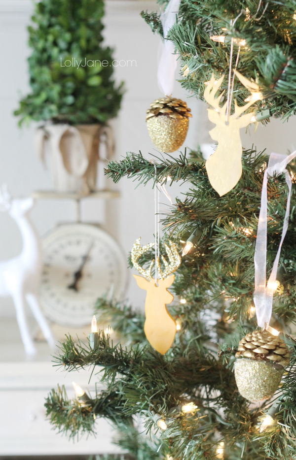 How to make glittered acorn & clay deer head ornaments tutorial via lollyjane.com