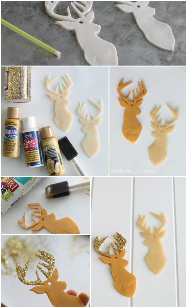 How to make clay deer head ornaments tutorial via lollyjane.com