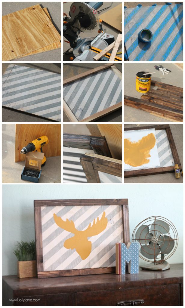 How to make a distressed striped frame sign. Love the cute moose head on this one!