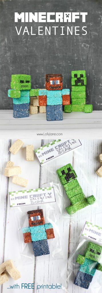 Minecraft Valentines / FREE printable bag toppers via lollyjane.com #Minecraft
