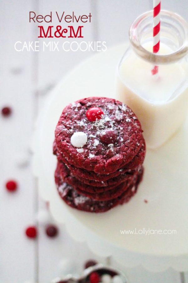 Chewy Red Velvet M&M Cake Mix Cookies. So good!