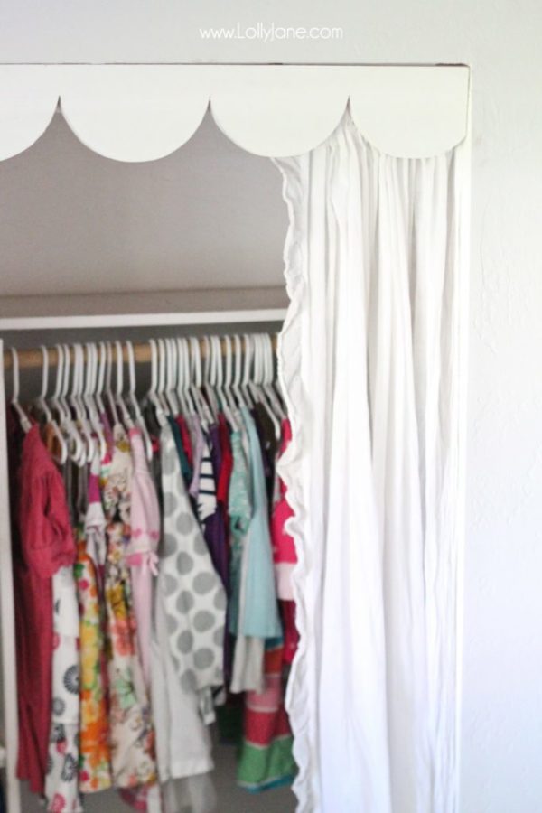 Scallop trim over curtains- easy solution to no closet doors