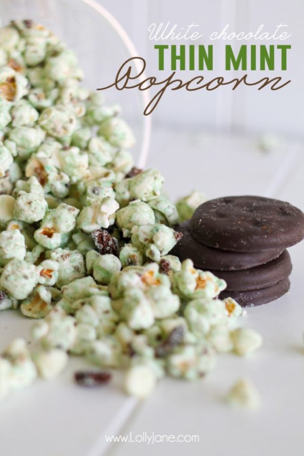 Yummy white chocolate thin mint popcorn!