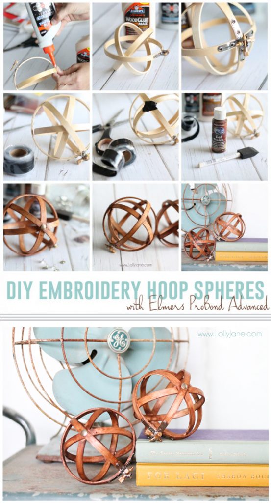 DIY Embroidery Hoop Spheres. Easiest decor you'll ever make! Look how wood embroidery hoops turn into easy home decor craft ideas! Love these wood spheres!