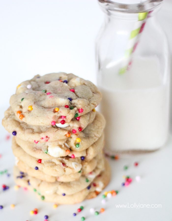 The perfect birthday cookie- white chocolate chips + rainbow sprinkles! Yum! #birthday