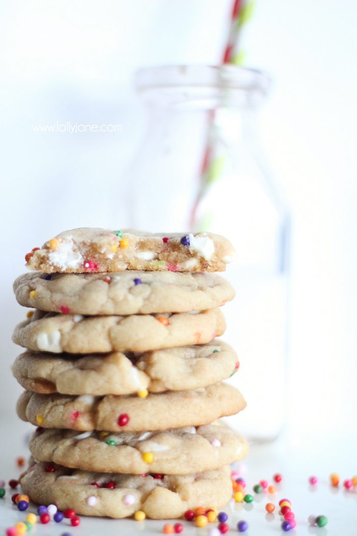 The perfect birthday cookie- white chocolate chips + rainbow sprinkles! Yum! #birthday