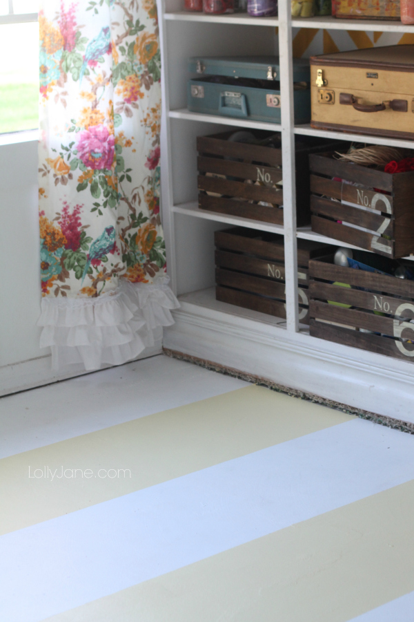 Pretty yellow and white striped painted flooring, easy how to!