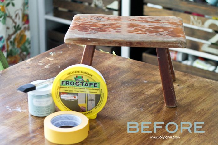 Striped nautical stool makeover. Check out how easy it was to paint this stool in chalky paint and the crisp lines using painters tape. Love this quick DIY!