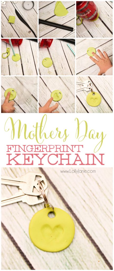 Simple Mothers Day clay fingerprint keychain! Love how the little fingers made a heart shape. Cute! via lollyjane.com