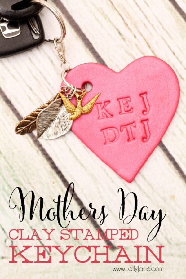 Make a simple Mother's Day clay keychain! Stamp the childrens initials. Easy and SO cute! via lollyjane.com