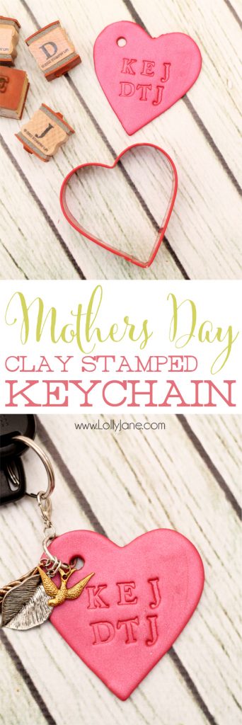 Make a simple Mother's Day clay keychain! Stamp the childrens initials. Easy and SO cute! via lollyjane.com