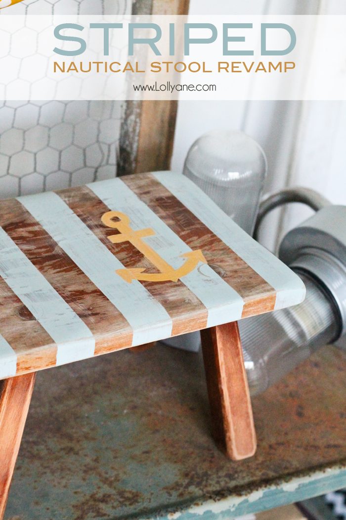 Striped nautical stool makeover. Check out how easy it was to paint this stool in chalky paint and the crisp lines using painters tape. Love this quick DIY!