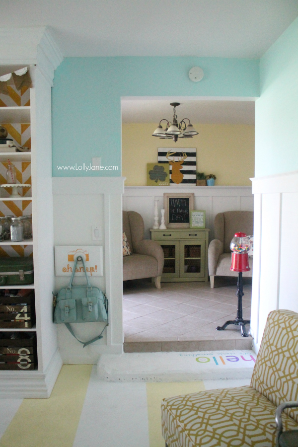 A pretty sitting area in a fun and colorful craft room!