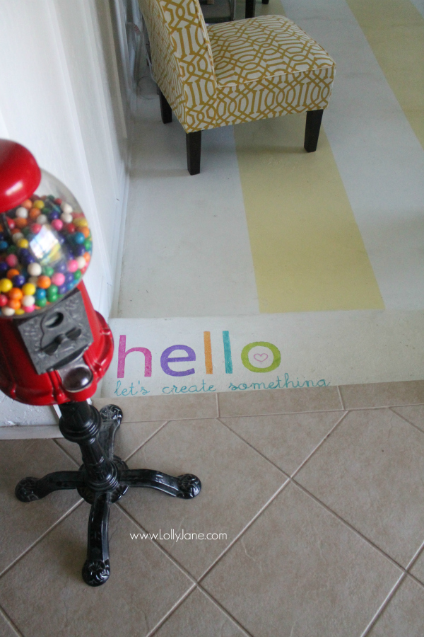 Painted HELLO greeting to a colorful and happy craft room!