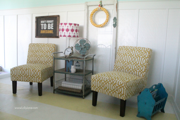 A pretty sitting area in a fun and colorful craft room!