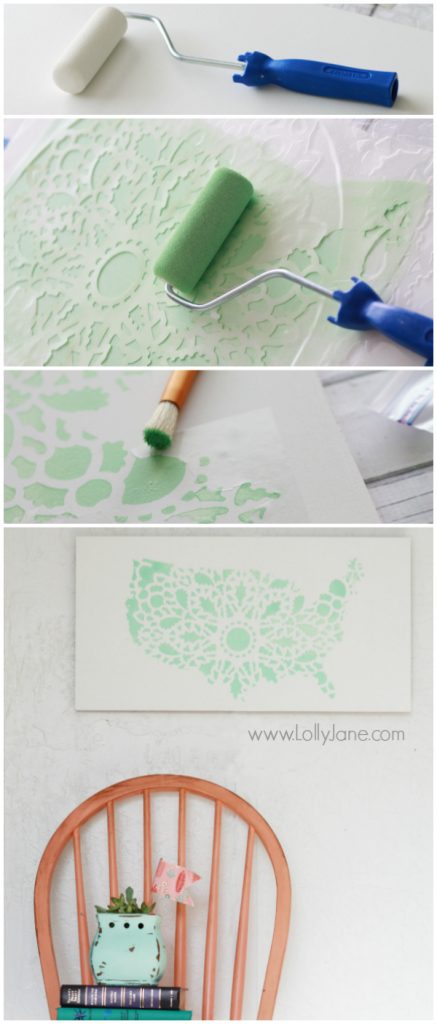 Pretty mint stencil United States sign, easy home decor tutorial. @lollyjaneblog 