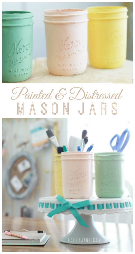 Painted + Distressed mason jars. Love these! Perfect for storage, via @lollyjaneblog