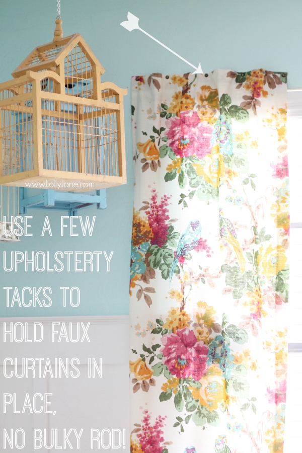 Quick tip to hang a faux curtain without a rod? Upholstery tacks!! 