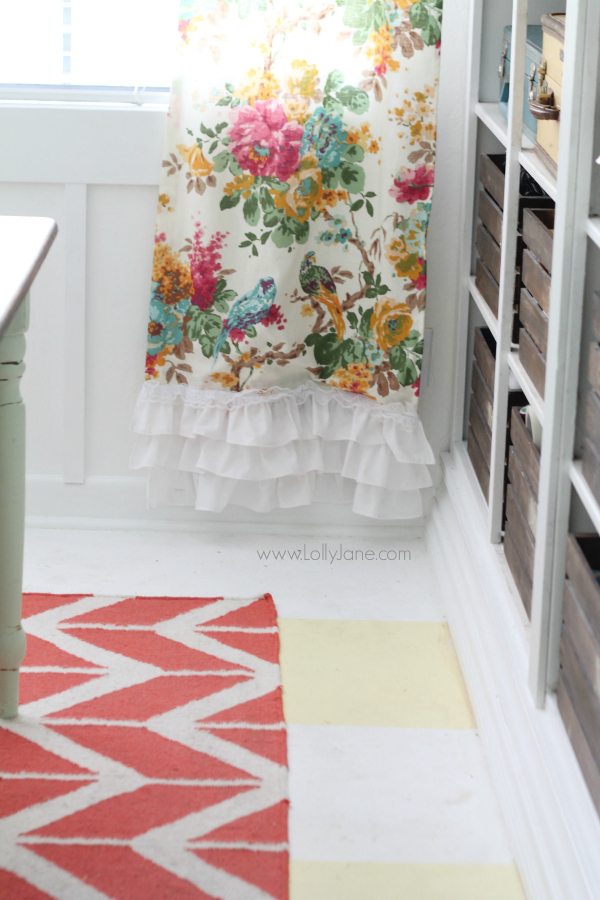 Add white ruffles to these pretty World Market curtains to add length and customization! @lollyjaneblog {www.lollyjane.com}