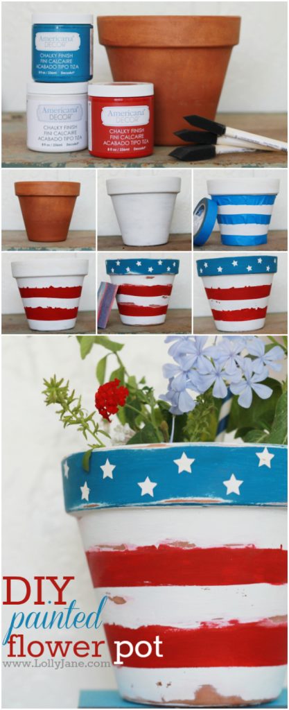 Stars and stripes flower pot, perfect for year round or any patriotic holiday! via @lollyjaneblog