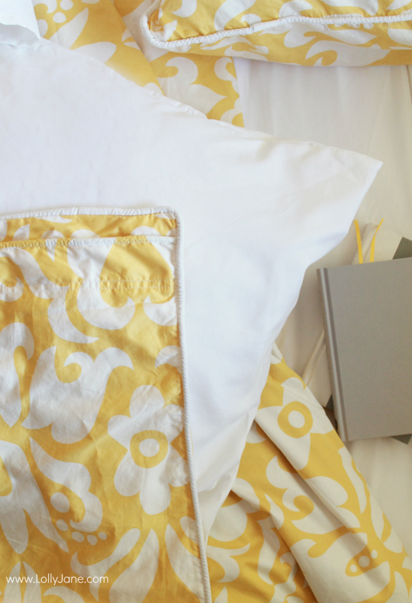 Master Bedroom Refresh, hello yellow! Gorgeous duvet + shams! | via www.lollyjane.com