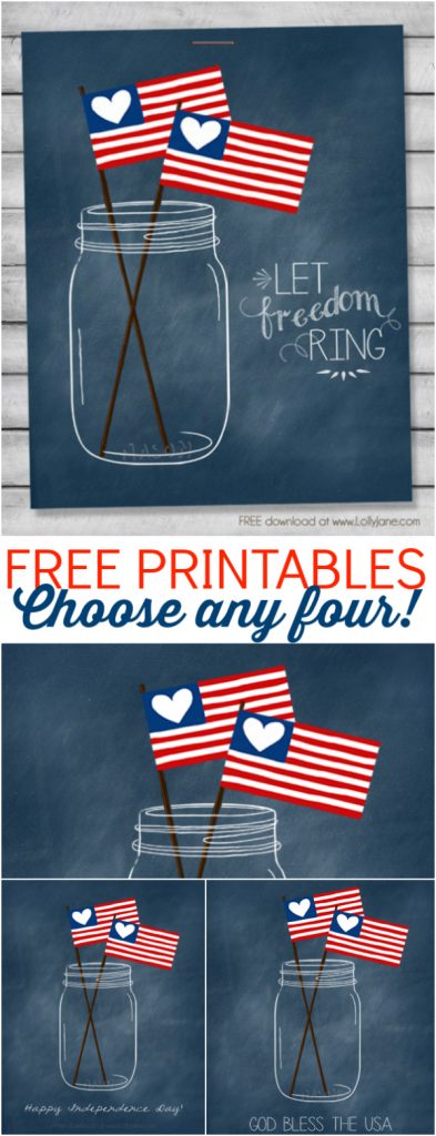 FREE patriotic mason jar printables! Choose from 4 styles! |via LollyJane.com