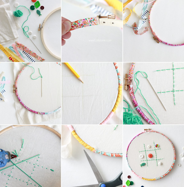 Make an easy Tic-Tac-Toe game from an embroidery hoops + buttons. Fun! via lollyjane.comMake an easy Tic-Tac-Toe game from an embroidery hoops + buttons. Fun! via lollyjane.com